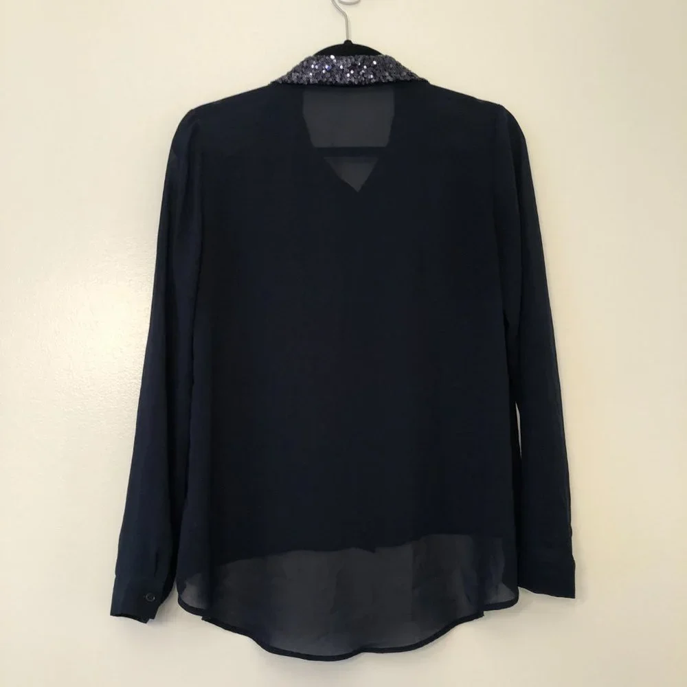 Forever 21 Dark Navy Sheer Sequin Collar Blouse | S - Picture 6 of 11